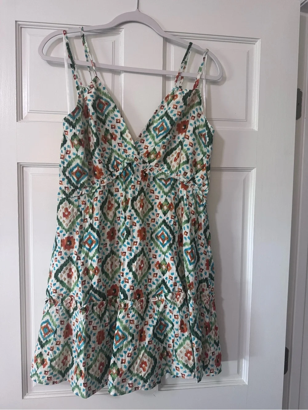 Printed Spaghetti-Strap Mini Dress in White with Green & Rust Pattern NWOT